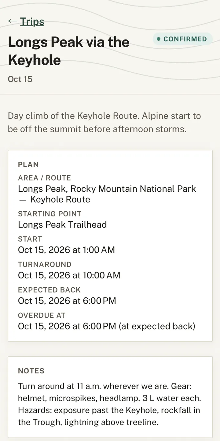 A trip plan for Longs Peak in the Farwatch app, marked confirmed.