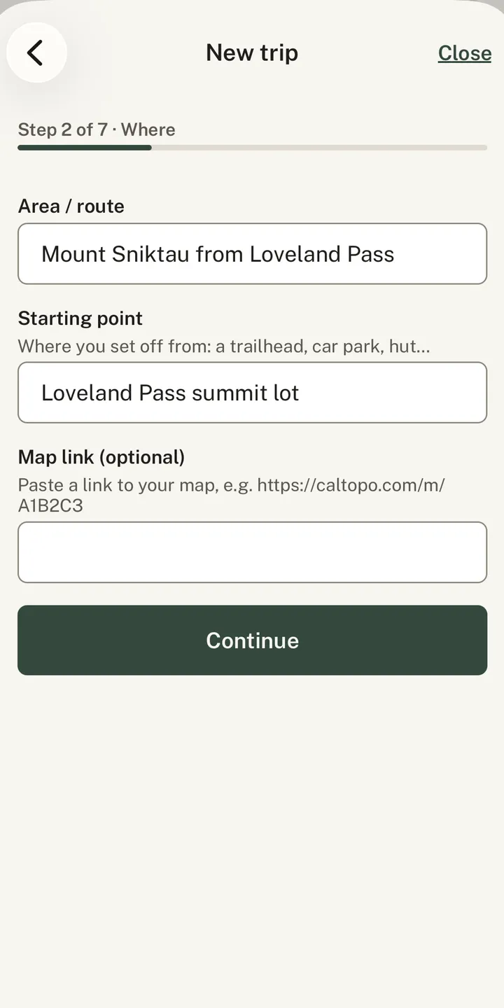 The new trip form in Farwatch, on the step for the route and starting point.