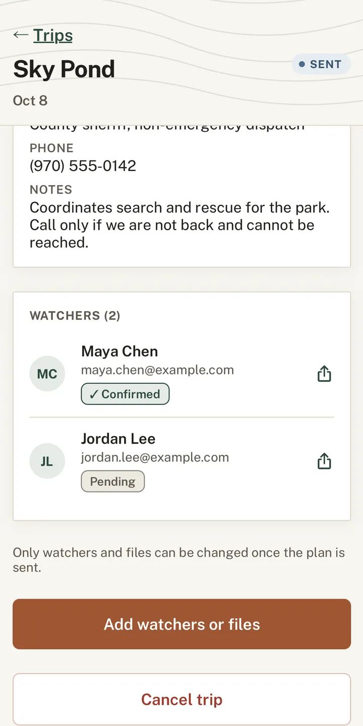 A sent trip plan in Farwatch for Sky Pond, listing its two watchers, Maya Chen and Jordan Lee.